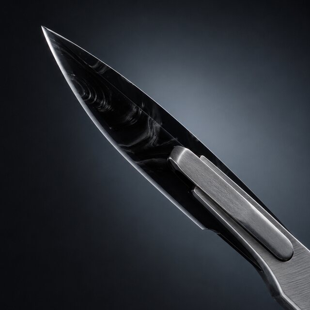 Close-up of a scalpel with a dark, glassy volcanic-glass blade seated in a brushed steel holder, lit against a dark field.